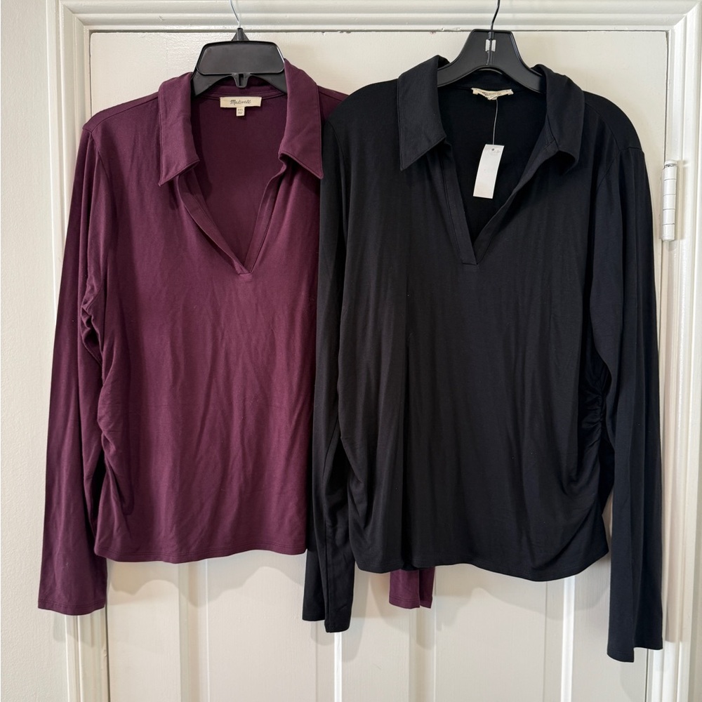 2 Madewell long sleeve collared v neck blouse top side ruched